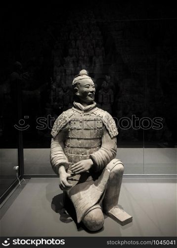 OCT 24, 2019 Bangkok, Thailand - Warrior soldier figures from Qin Shi Huang tomb mausoleum Terracotta Army museum in Xian, China was exhibited in Bangkok at National museum
