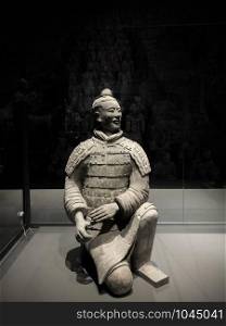 OCT 24, 2019 Bangkok, Thailand - Warrior soldier figures from Qin Shi Huang tomb mausoleum Terracotta Army museum in Xian, China was exhibited in Bangkok at National museum