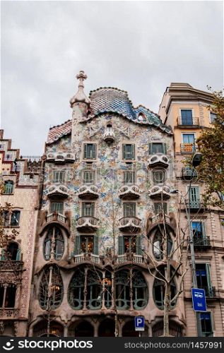 OCT 26, 2012 Barcelona, Spain - Casa batllo extraordinary mansion facade and balconies exterior was design by Antoni Gaudi. Spanish architect