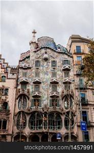 OCT 26, 2012 Barcelona, Spain - Casa batllo extraordinary mansion facade and balconies exterior was design by Antoni Gaudi. Spanish architect