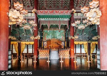 OCT 27, 2013 Seoul, South Korea - Old Injeongjeon hall interior and throne seat of Changdeokgung Palace, also know as East Palace and one of Five Grand Palaces in Seoul, South Korea