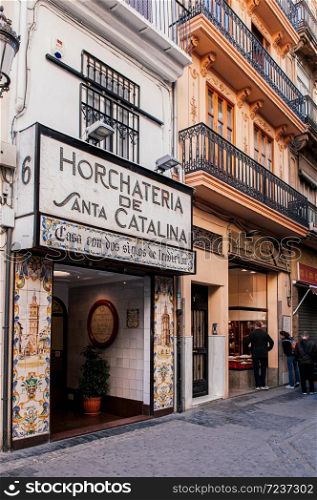 Oct 29, 2012 Valencia, Spain - Famous Horchata or orxata cafe in Valencia with fresco tiles decoration facade
