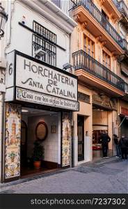Oct 29, 2012 Valencia, Spain - Famous Horchata or orxata cafe in Valencia with fresco tiles decoration facade