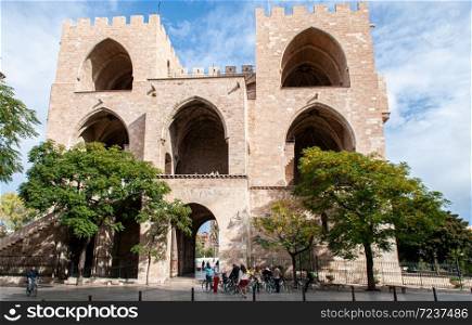 Oct 30, 2012 Valencia, Spain - Torres de Serranos or Serranos Gate also known as Serranos Towers in Valencia old town. One of the twelve gates that formed part of the ancient city wall