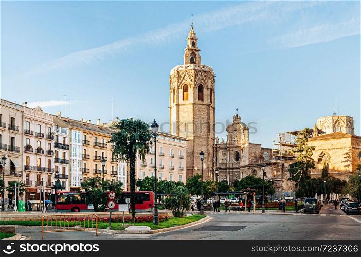 Oct 30, 2012 Valencia, Spain - Valencia Cathedral church and bell tower seen from Plaza de la Reina. Most famous attraction in old town area