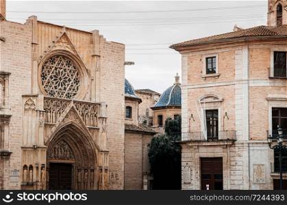 Oct 30, 2012 Valencia, Spain - Valencia Cathedral church facade entrance gate. Most famous attraction in old town area