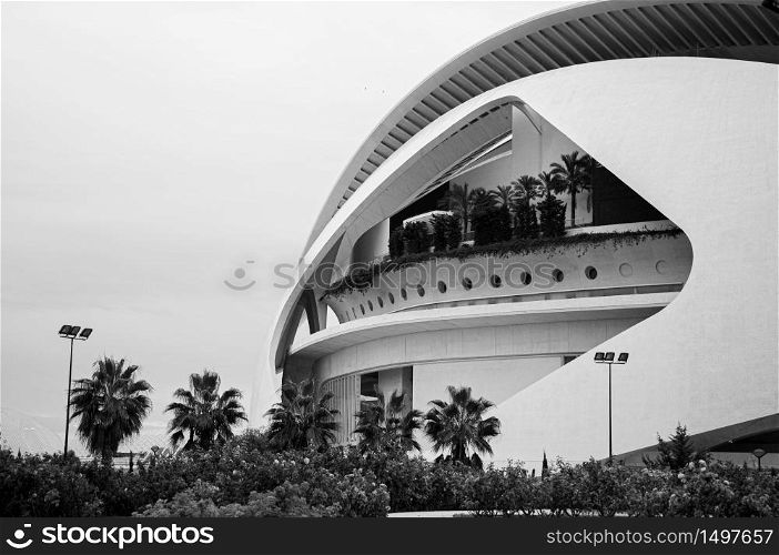 OCT 31, 2012 Valencia, Spain - Modern Architecture of City of Arts and Sciences in black and white. Architecture designed by Santiago Calatrava and Felix Candela