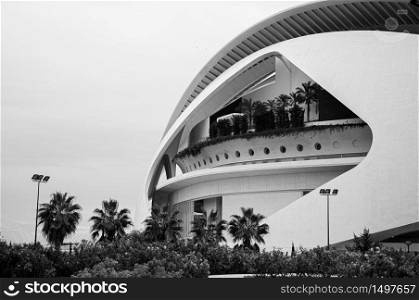 OCT 31, 2012 Valencia, Spain - Modern Architecture of City of Arts and Sciences in black and white. Architecture designed by Santiago Calatrava and Felix Candela