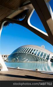 OCT 31, 2012 Valencia, Spain - Modern Architecture of City of Arts and Sciences and blue pool under blue sky. Architecture designed by Santiago Calatrava and Felix Candela