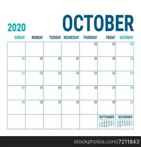 October 2020. Calendar planner. English calender template. Vector square grid. Office business planning. Creative design. Blue color