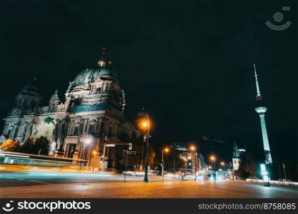 October 2021 - Berlin, Germany. Cathedral - beautiful historic building Berliner Dom at night with illumination. Cityscape, architecture concept. High quality photo. October 2021 - Berlin, Germany. Cathedral - beautiful historic building Berliner Dom at night with illumination. Cityscape, architecture concept.