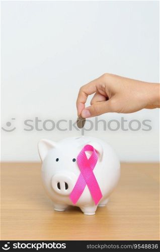 October Breast Cancer Awareness month, Pink Ribbon with Piggy Bank for support illness life. Health, Donation, Charity, C&aign, Money Saving, Fund, women day and World cancer day concept