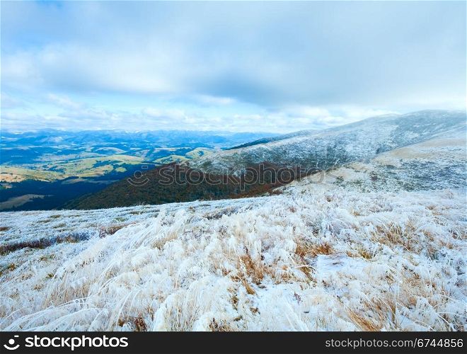 October Carpathian mountain Borghava plateau with first winter snow