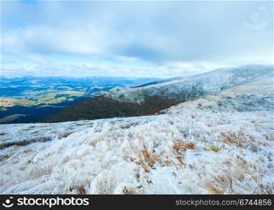 October Carpathian mountain Borghava plateau with first winter snow