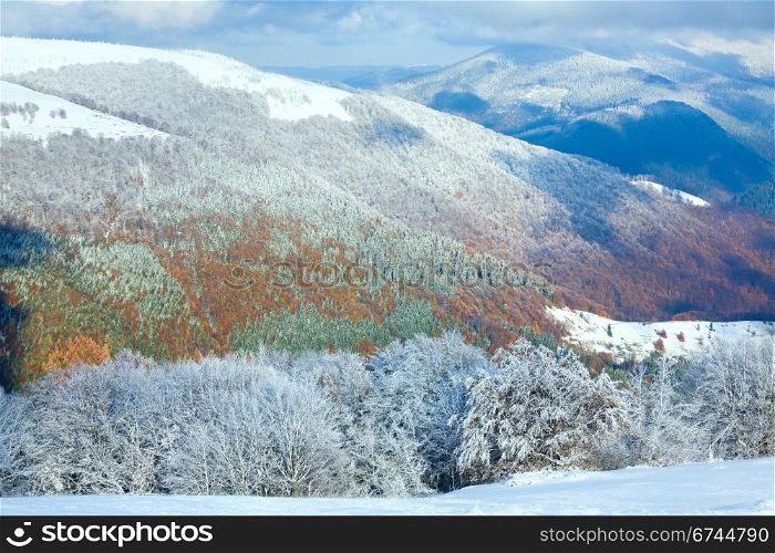 October mountain beech forest edge with first winter snow and last autumn colourful foliage on far mountainside