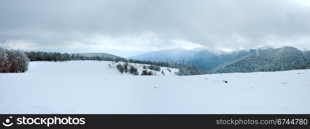 October mountain panorama with first winter snow (Carpathian, Ukraine)