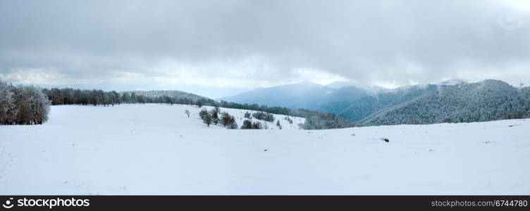 October mountain panorama with first winter snow (Carpathian, Ukraine)