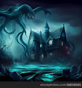 octopus horror dark background. Illustration AI Generative 