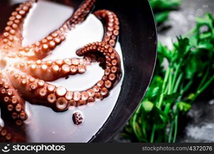 Octopus is boiled in a pot of water. On a rustic background. High quality photo. Octopus is boiled in a pot of water.
