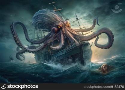 octopus kraken battling otherworldly monster in the depths of the ocean, created with generative ai. octopus kraken battling otherworldly monster in the depths of the ocean