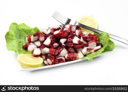 octopus salad with lemon slice and lettuce