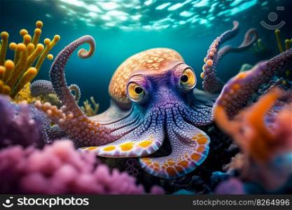 Octopus swimming in the under sea , Beautiful Underwater and colorfull coral in wild nature of the Pacific Ocean , Generate Ai	