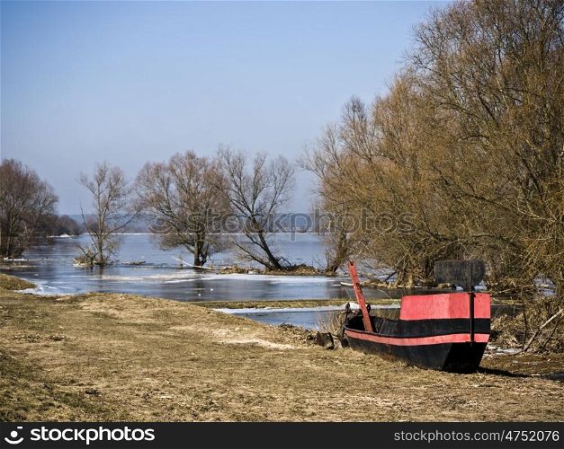 Oderkahn. Barge on the River Oder in the spring
