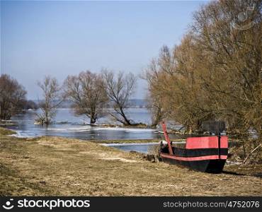 Oderkahn. Barge on the River Oder in the spring