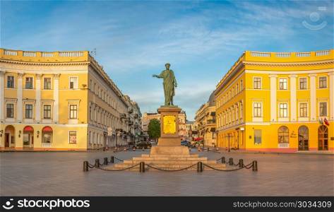 Odessa Seaside Boulevard in Ukraine. Giant staircase and Monument to Duc de Richelieu on Primorsky Boulevard in the city of Odessa, Ukraine. Panoramic view in a summer morning