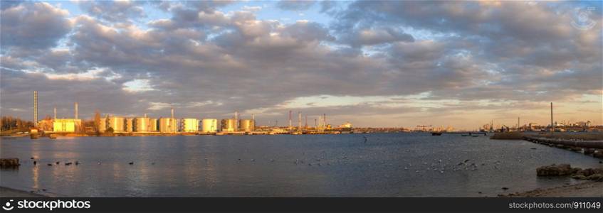 Odessa, Ukraine - 03.23.2019. Panoramic view of the ship repair harbor and commercial port in the water area of Sukhoi Estuary near Odessa, Ukraine. Ship repair harbor in Odessa, Ukraine