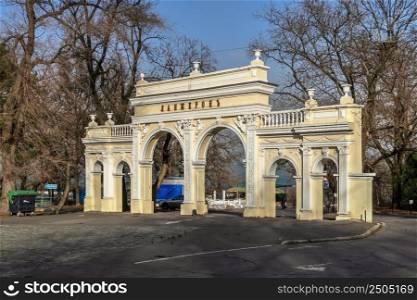 Odessa, Ukraine 04.02.2022. Entrance arch to the Langeron beach in Odessa, Ukraine, on a sunny spring day. Entrance arch to the Langeron beach in Odessa, Ukraine