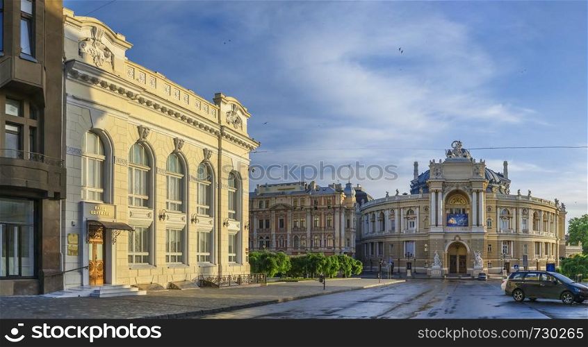 Odessa, Ukraine - 06.12.2018. Sunny summer morning in the historical center of Odessa, Ukraine. Opera House and theatre square. Opera House and theatre square in Odessa, UA