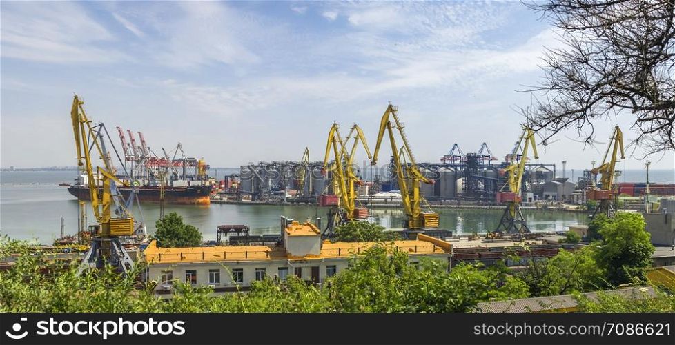 Odessa, Ukraine - 06.14.2019. anoramic view of cargo port and container terminal in Odessa, Ukraine. Cargo Port of Odessa, Ukraine