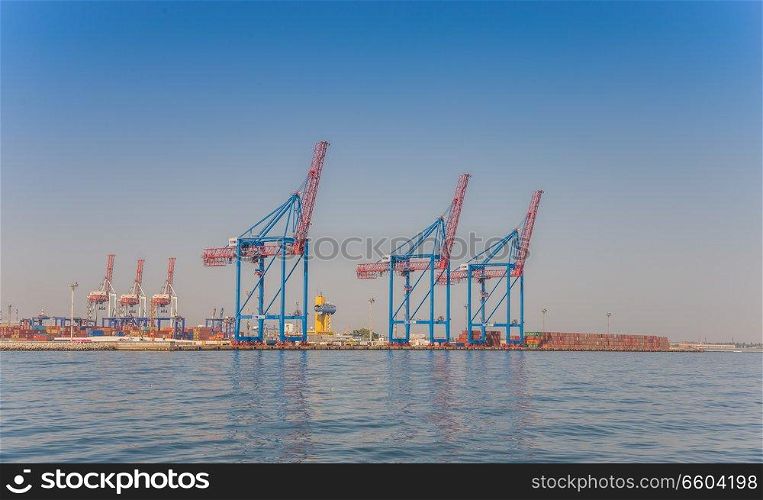 Odessa, Ukraine - 08.28.2018. Panoramic view from the sea of cargo port and container terminal in Odessa, Ukraine. Container Terminal of Cargo Port in Odessa, Ukraine