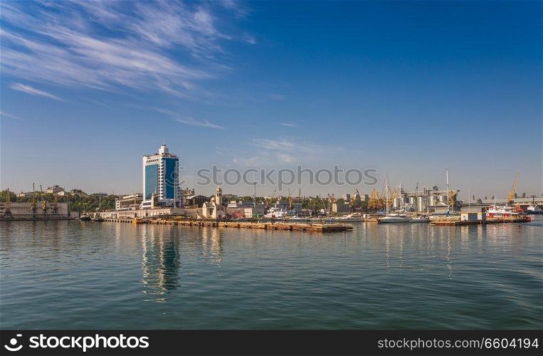 Odessa, Ukraine - 08.28.2018. Yacht club in the port of Odessa, Ukraine. Panoramic view from the sea in a sunny summer day.. Yacht club in the port of Odessa, Ukraine