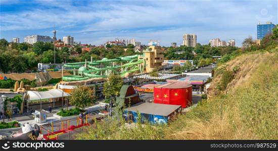Odessa, Ukraine - 09.05.2019. Panoramic top view of the alley to the sea in the resort of Arcadia in Odessa on a sunny autumn day. Arcadia Alley in Odessa, Ukraine