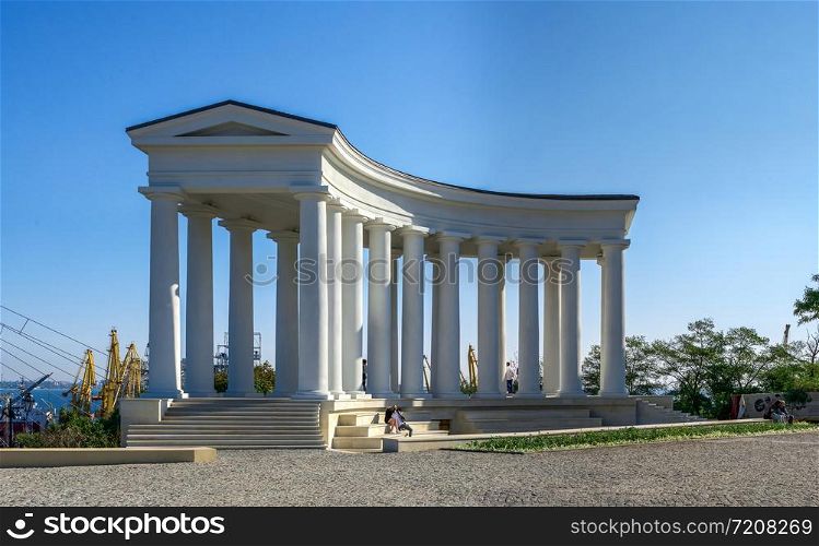 Odessa, Ukraine - 09.059.2019. Restored Colonnade at Vorontsov Palace in Odessa, Ukraine, at the sunny summer morning. Restored Colonnade in Odessa, Ukraine