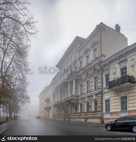 Odessa, Ukraine 11.28.2019. Primorsky Boulevard in Odessa, Ukraine, on a foggy autumn day. Primorsky Boulevard in Odessa, Ukraine