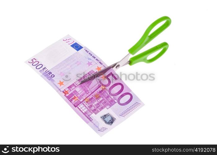 of one euro bill is cut with scissors a piece. symbol taxes and fees.