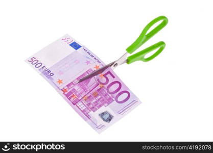 of one euro bill is cut with scissors a piece. symbol taxes and fees.