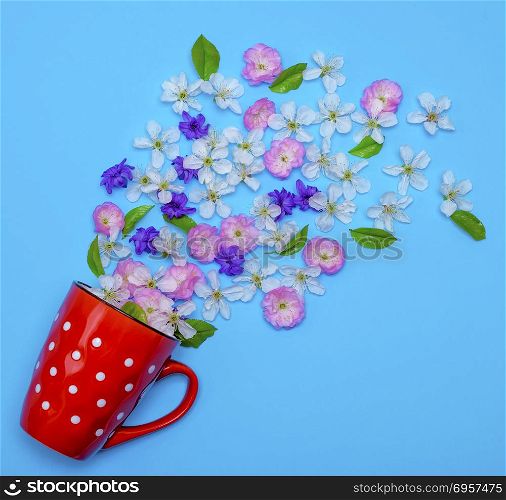 of red ceramic mug with white polka dots randomly poured flower buds, blue background, top view. of red ceramic mug with white polka dots randomly poured flower