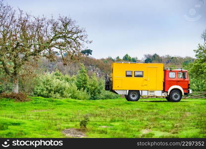 Off road camper 4x4, rv motor home on nature. Travel with motorhome truck.. Offroad camper 4x4 truck on nature