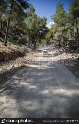 Off road vehicle on road through dense foliage on Mediteranean island Ibiza