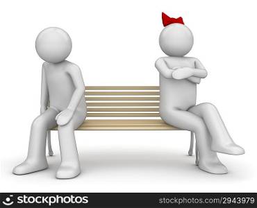 ""Offended man and woman on a bench (love, valentine day series; 3d isolated characters)""