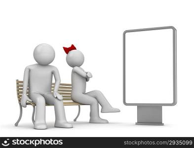 ""Offended man and woman on a bench with copyspace (love, valentine day series; 3d isolated characters)""