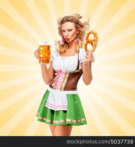 Offended sexy Oktoberfest woman wearing a traditional Bavarian dress dirndl posing with a pretzel and beer mug in hands on colorful abstract cartoon style background.