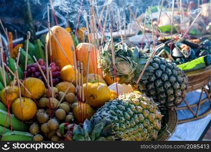 Offer sacrifices to one's anxestors, Close up Image of Sacrificial offering food for pray to god and memorial to ancestor, Traditional offerings to gods with food, vegetable and fruits