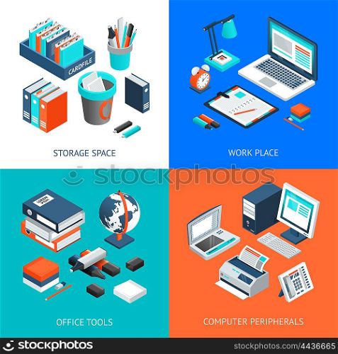 Office 2x2 Isometric Design Concept. Office 2x2 isometric design concept set with storage space work place office tools and computer peripherals on colorful backgrounds isolated vector illustration