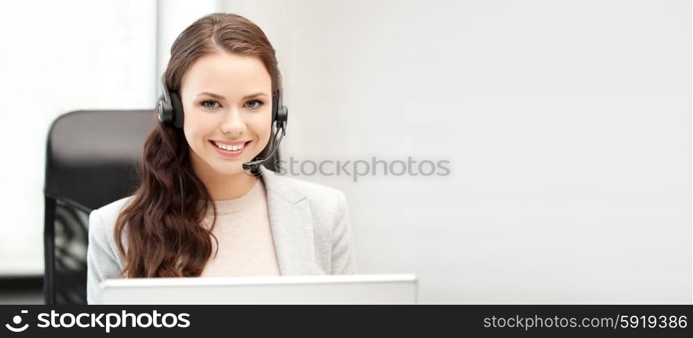 office and technology concept - picture of helpline operator with laptop computer. helpline operator with laptop computer