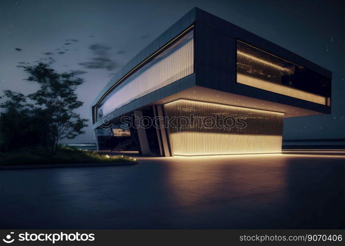 Office buildings and modern architecture at night. Peculiar AI generative image.. Office buildings and modern architecture at night